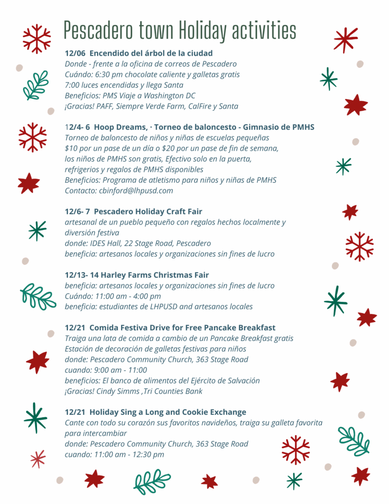 Pescadero Town Holiday Activities calendar - spanish version