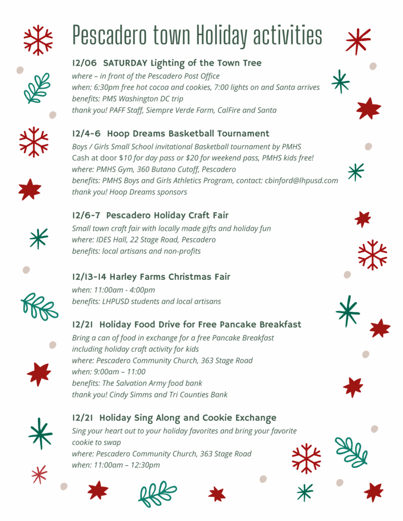 Pescadero Town Holiday Activities calendar - English
